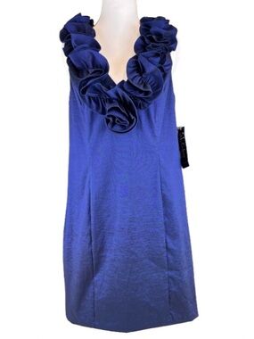 SL Fashions 12P Blue Ruffle Neck Sheath Dress Petite Cocktail NWT
